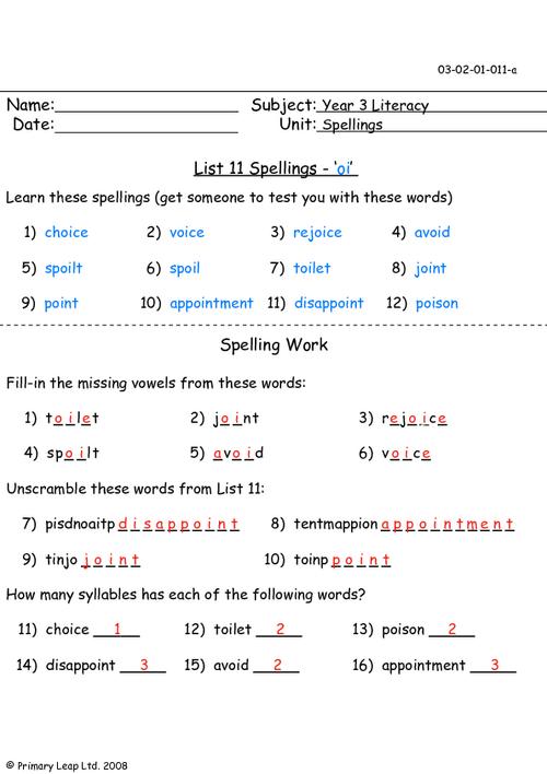 literacy spelling list 11 worksheet primaryleapcouk