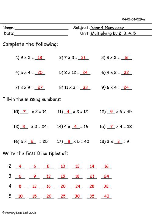 Multiplying by 2, 3, 4 and 5