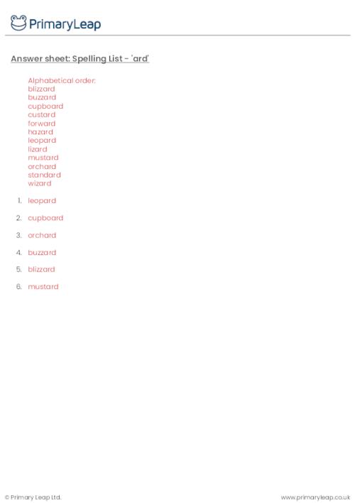 Spelling List - 'ard'