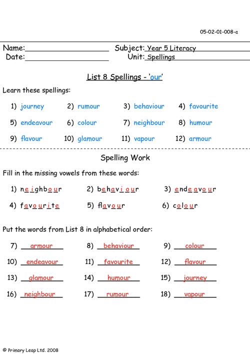 Literacy: Spelling list 8 | Worksheet | PrimaryLeap.co.uk