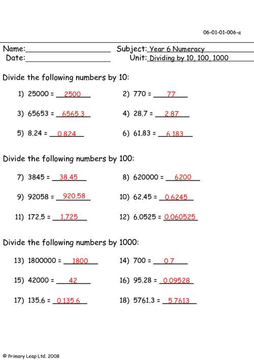 Dividing by 10, 100 and 1000