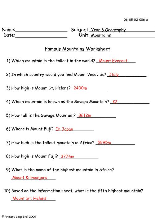 Geography: Famous Mountains | Worksheet | PrimaryLeap.co.uk