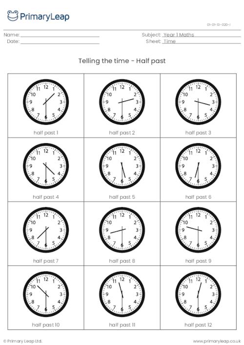 Telling the time information sheet -  Half past