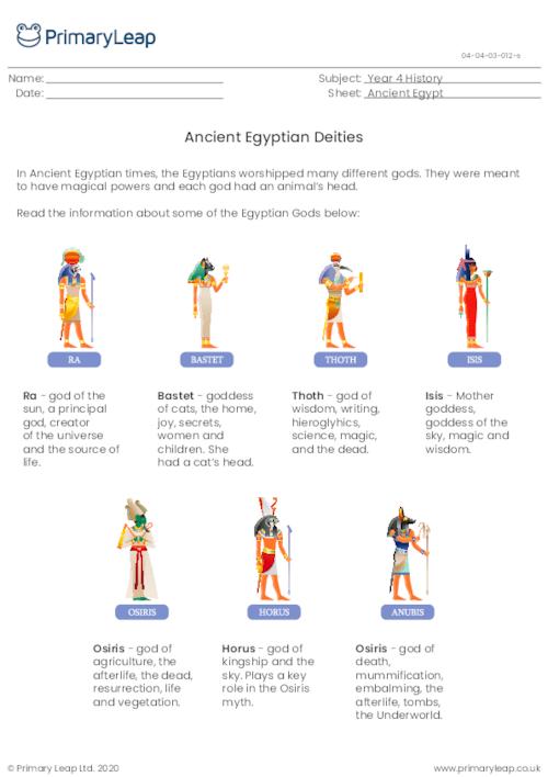 Ancient Egyptian Gods and Goddesses Information Sheet