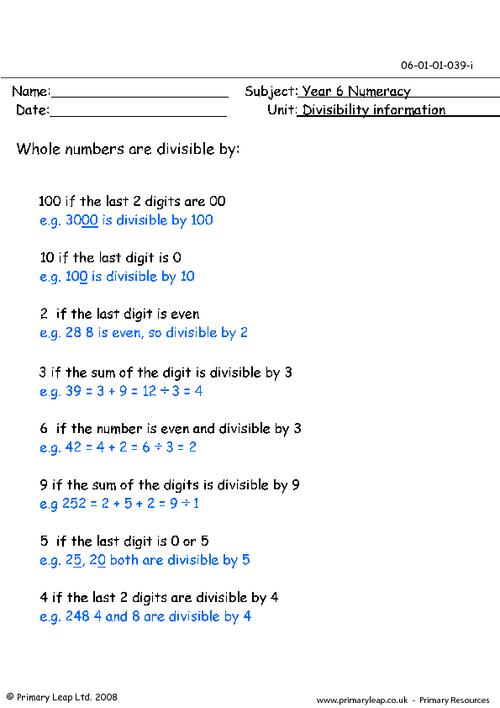 Divisibility info sheet