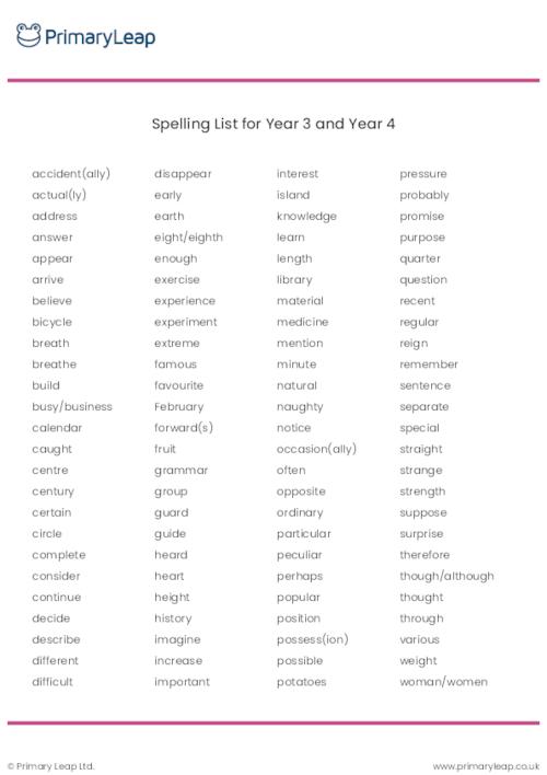 Year 3/4 Spelling Word List