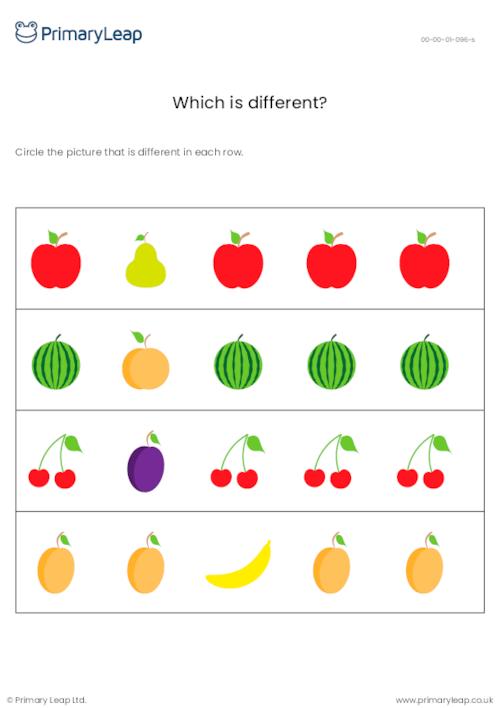 Which picture is different? Fruit-themed activity