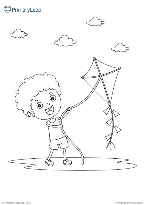Flying a kite colouring page