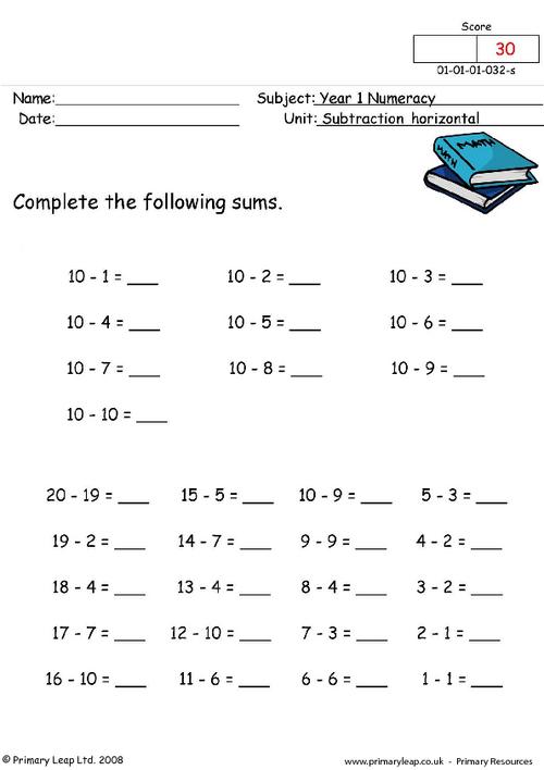 numeracy subtraction horizontal 1 worksheet primaryleap co uk