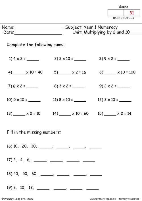 year 1 multiplication homework