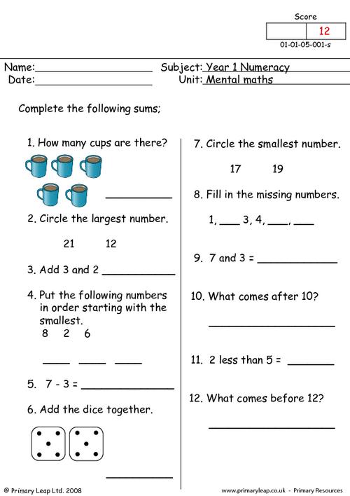 numeracy mental maths 1 worksheet primaryleap co uk