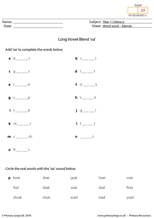 Long vowel blend - 'oa'