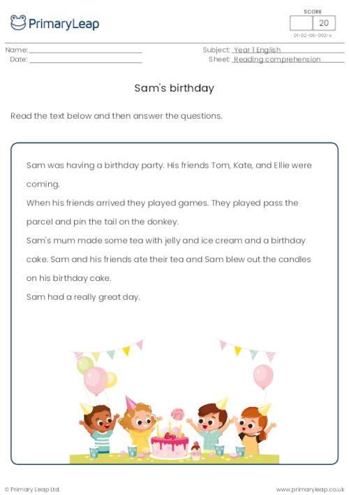 Sam's birthday comprehension activity