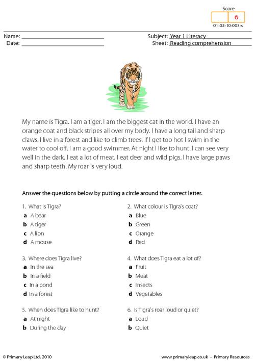 Reading comprehension - I am a tiger