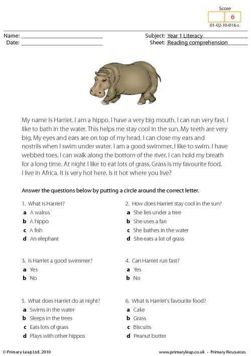 Reading comprehension - I am a hippo