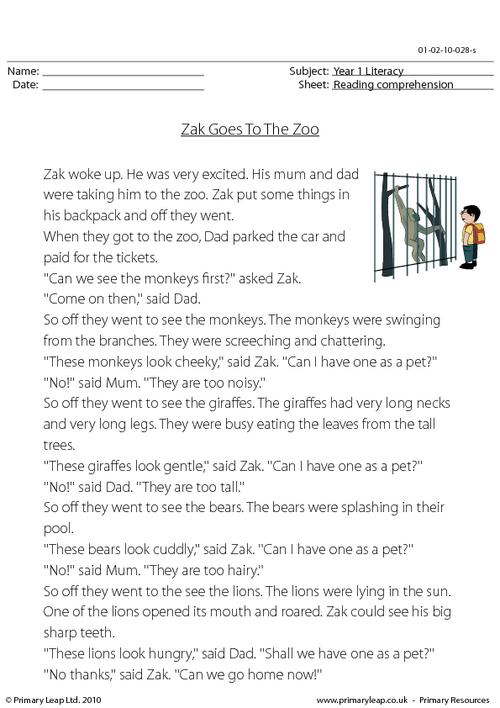 Reading comprehension - Zak Goes To The Zoo