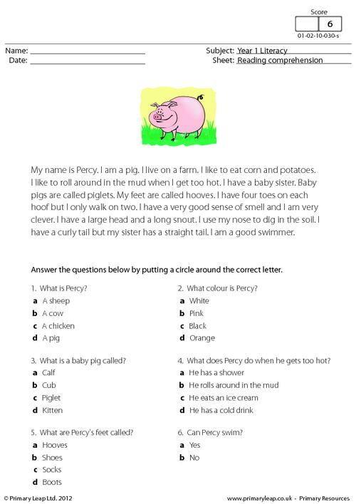 Reading comprehension - Percy the Pig