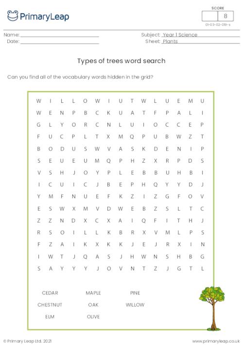 Types of trees word search