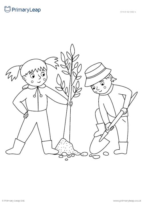 Planting a tree colouring page