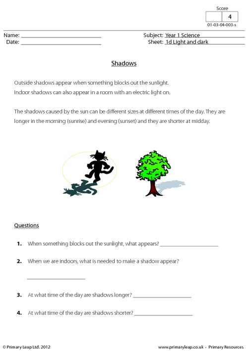 Science Shadows Worksheet PrimaryLeap co uk