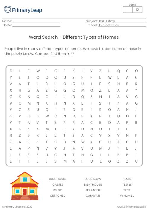 Word search - Different types of homes