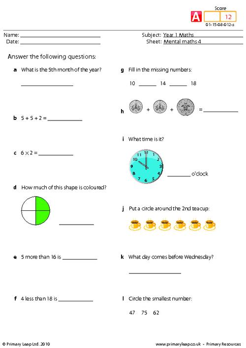numeracy mental maths 1 worksheet primaryleapcouk