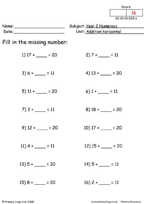 numeracy addition horizontal 1 worksheet primaryleapcouk