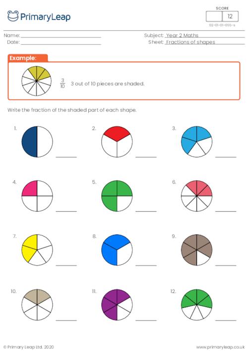 Numeracy: Matching fractions of shapes | Worksheet | PrimaryLeap.co.uk
