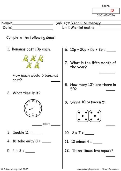 Printable Mental Maths Year 2 Worksheets Maths Worksheets For Year 2 Uk A Worksheet Blog