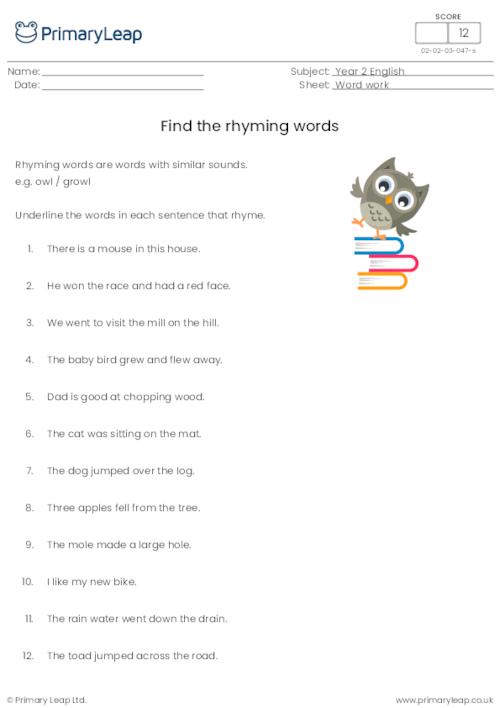 Literacy: Rhyming words 2 | Worksheet | PrimaryLeap.co.uk