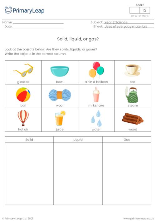 Science: Solid, liquid or gas | Worksheet | PrimaryLeap.co.uk