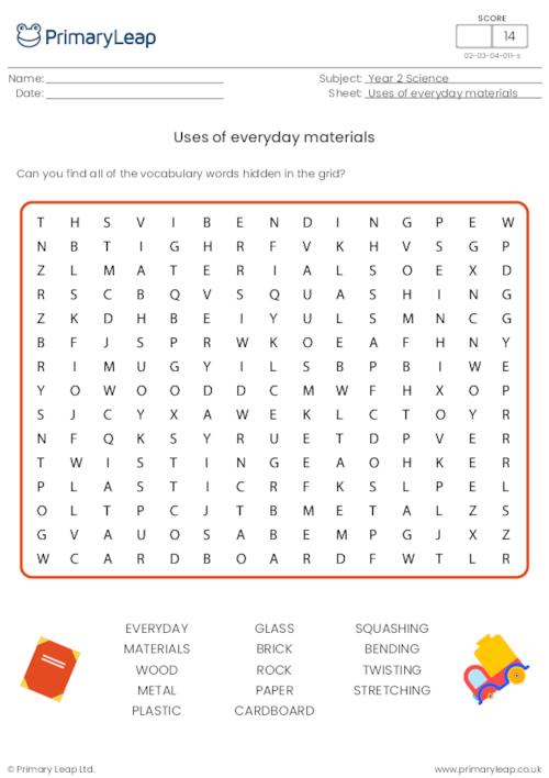 Uses of everyday materials word search