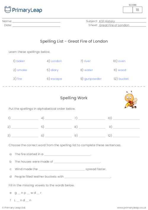 Spelling List - Great Fire of London