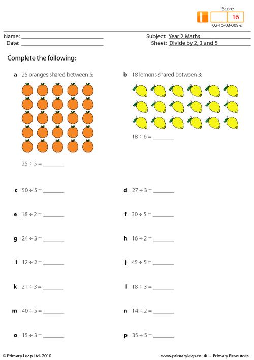 numeracy divide by 2 3 and 5 mixed worksheet primaryleapcouk
