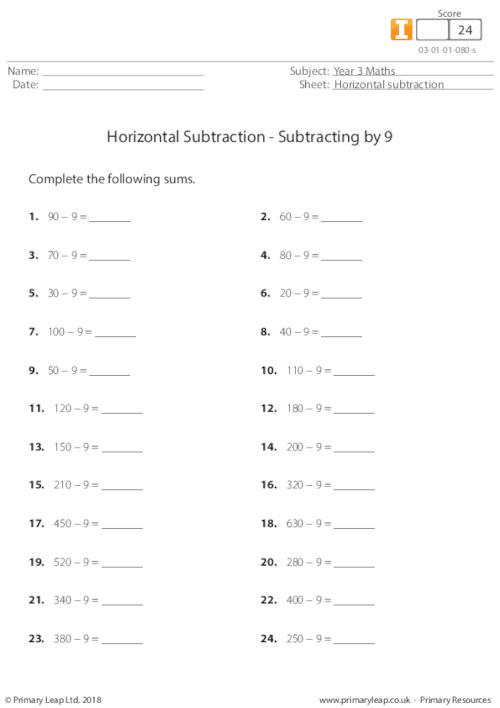 Horizontal Subtraction - Subtracting by 9
