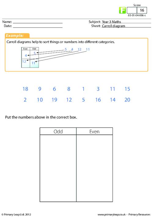 numeracy carroll diagram odd and even worksheet primaryleap co uk