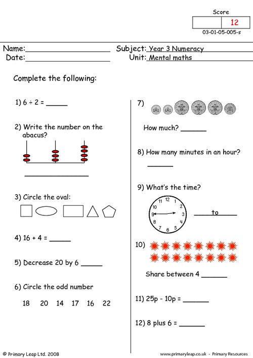 maths worksheets for year 3