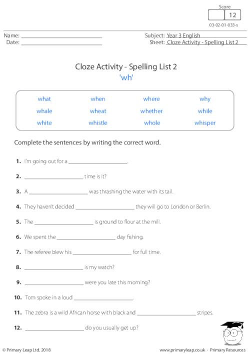 Cloze Activity - Spelling List 2 'wh'
