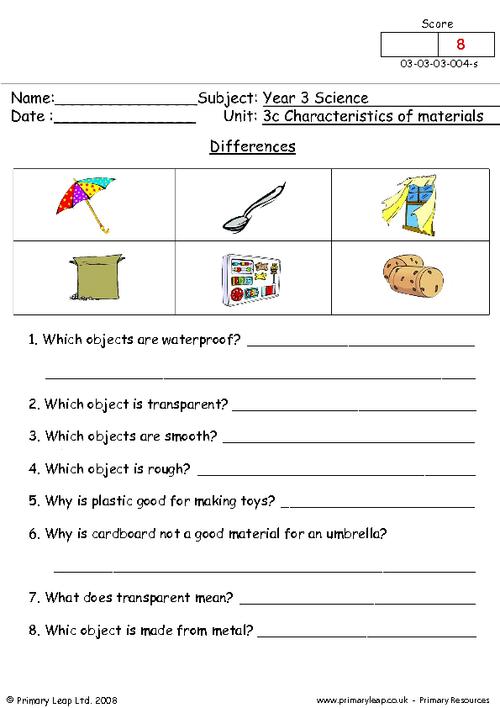 worksheet of science for class 3
