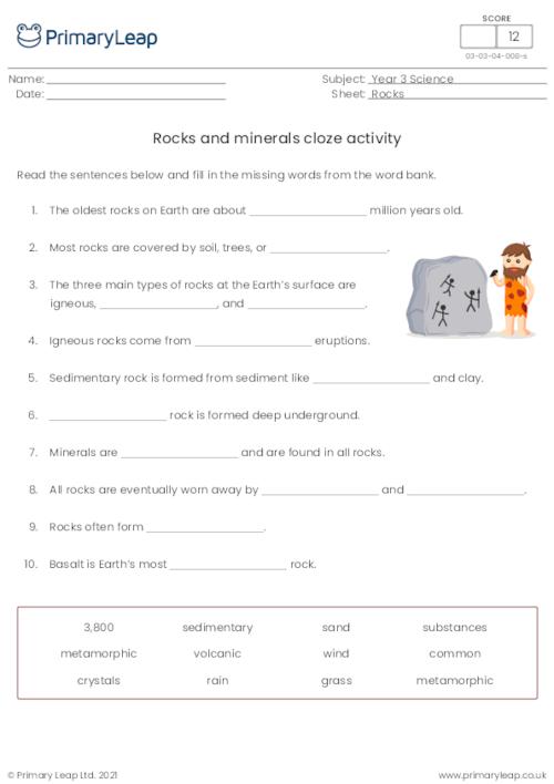 Science: Rocks and minerals Cloze activity | Worksheet | PrimaryLeap.co.uk