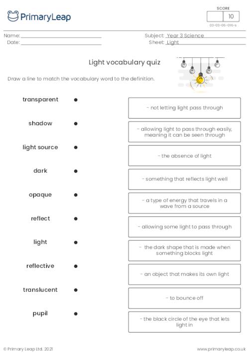 ks3 light worksheet