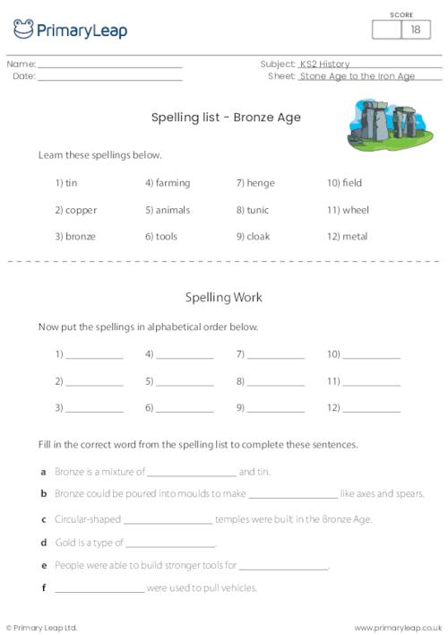 Spelling List - The Bronze Age
