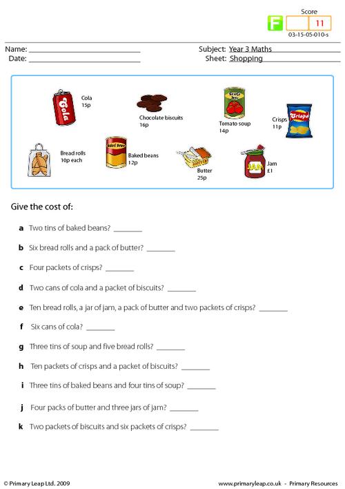 Grocery Shopping Math Worksheets 1 Gr