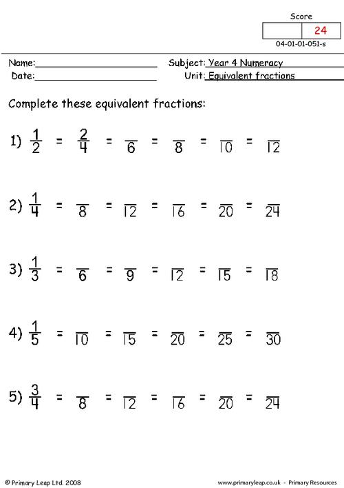 numeracy equivalent fractions worksheet primaryleap co uk