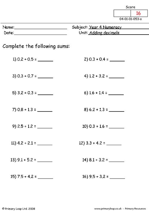Numeracy: Adding decimals | Worksheet | PrimaryLeap.co.uk