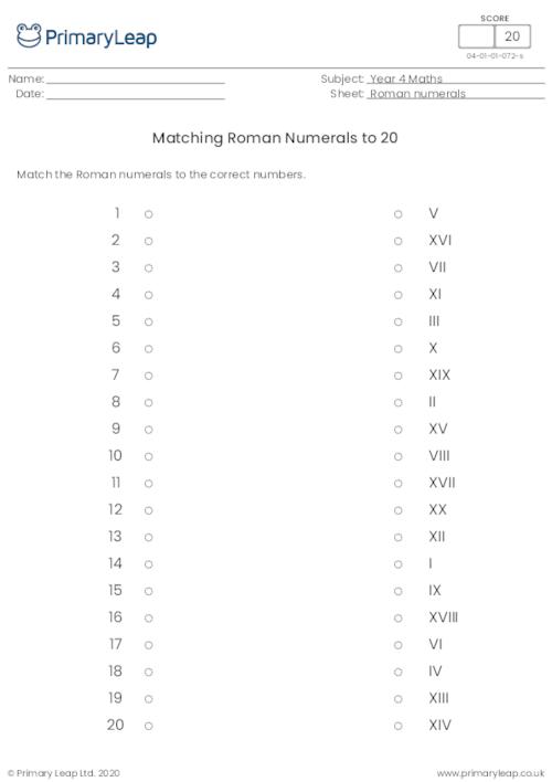 Roman Numerals Matching to 20