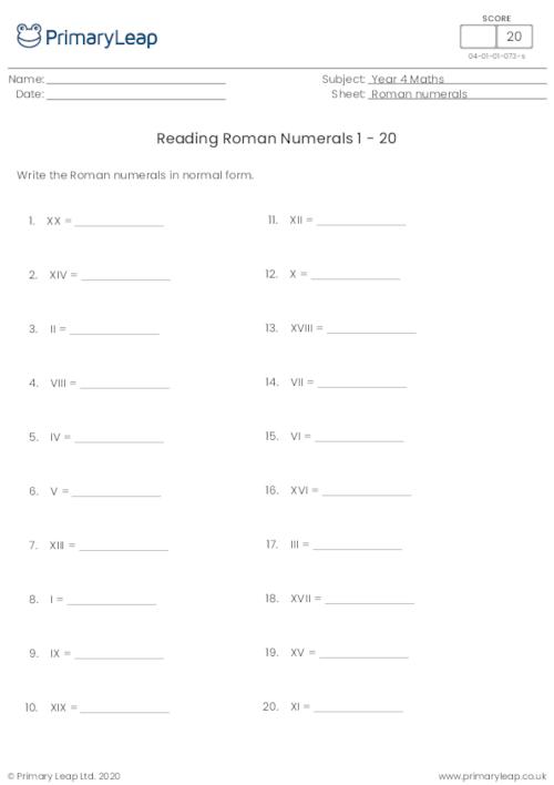 Reading Roman Numerals 1 - 20