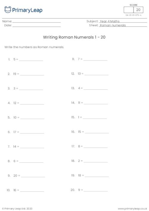 Writing Roman Numerals 1 - 20