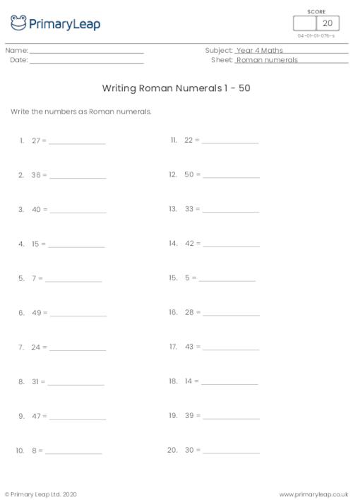 Writing Roman Numerals 1 - 50