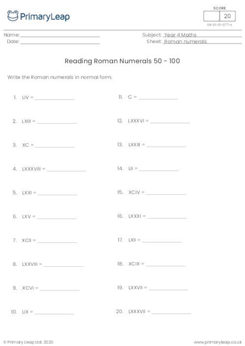 Reading Roman Numerals 50 - 100